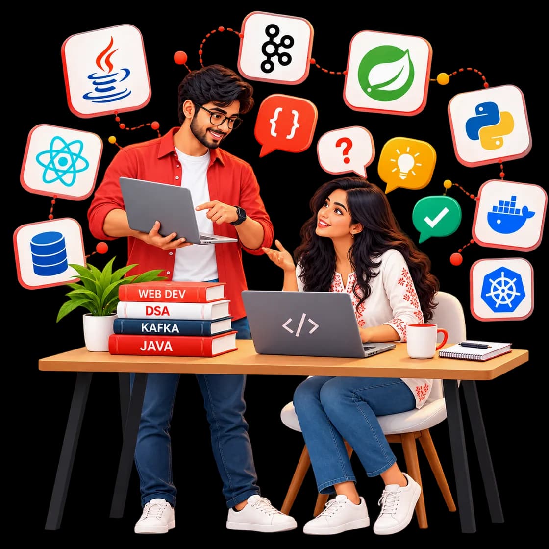Two developers learning together at a desk with Java, Kafka, DSA and Web Dev books, surrounded by technology logos