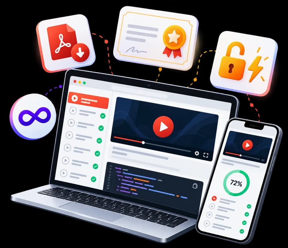A course open on a laptop and phone: lesson list with progress, video player, downloadable PDF, certificate and lifetime-access badges