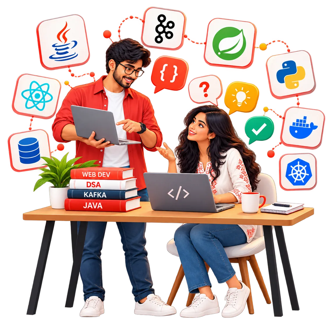 Two developers learning together at a desk with Java, Kafka, DSA and Web Dev books, surrounded by technology logos